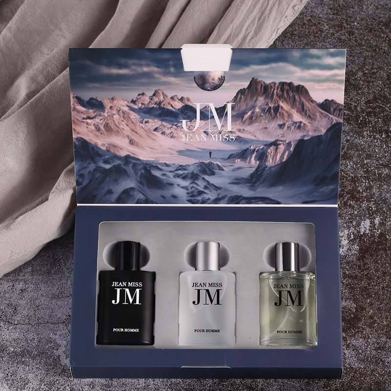 Perfume Fragrance Perfume - ชุดของขวัญน้ำหอมสำหรับผู้ชาย 3 ชิ้น, ขวดทรงสี่เหลี่ยมลายนูน, ชุดตัวอย่างน้ำหอมกลิ่นไม้และน้ำ, สเปรย์น้ำหอมหลากสีดำ